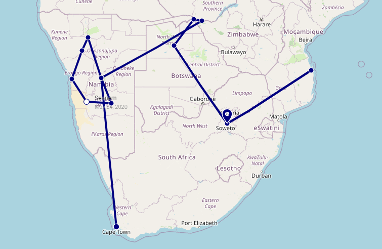 Itinéraire de notre voyage en Afrique Australe : Afrique du Sud, Namibie, Botswana, Zimbabwe et Mozambique